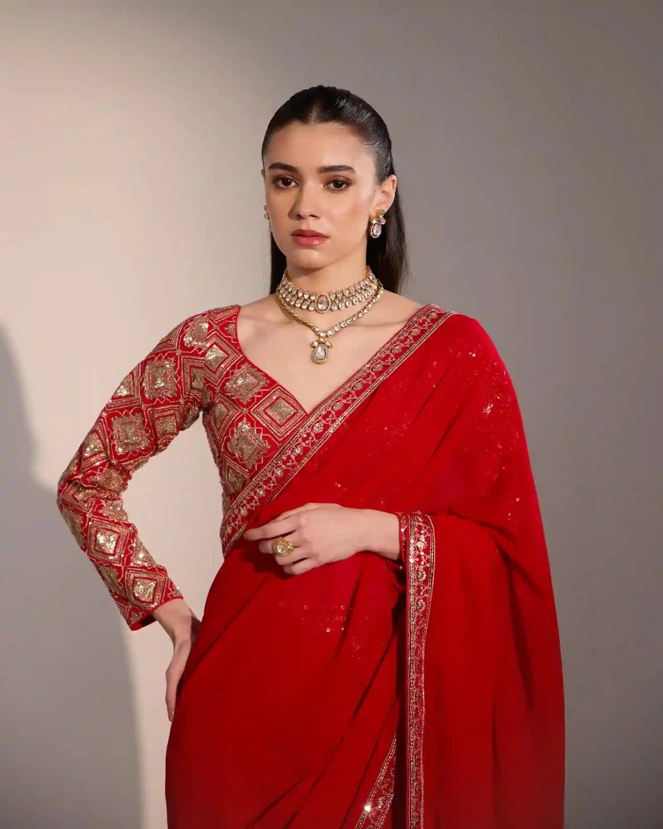 Red Georgette Saree with Zari Embroidery - AgapiSarees